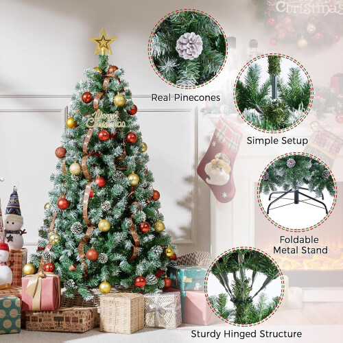 4.5FT Flocked Christmas Tree with Pine Cones 1000 Branches 2