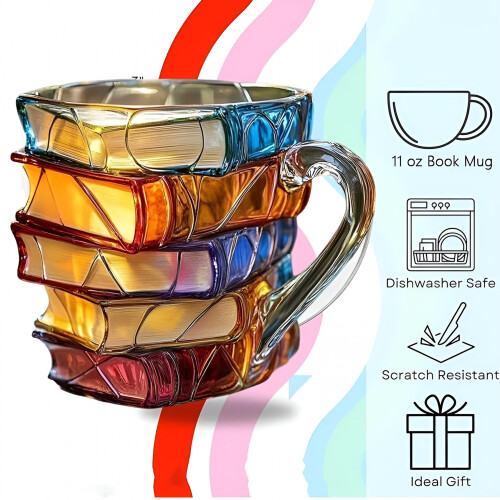 Book-Stack Glass Mug, Hand-Painted, 3D Design 2