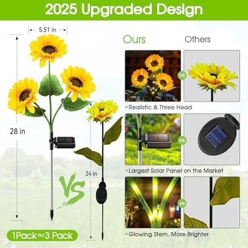 Solar Sunflower Garden Lights - 3 Pack, Waterproof, Auto 2