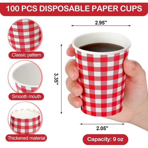 Red & White Gingham Paper Cups 9oz (100 pcs) 2