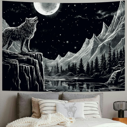 Tapiserie cu lup alb-negru, munte, 152x127 cm 1