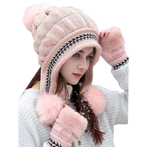 Knitted Trapper Hat with Bobble for Women 1