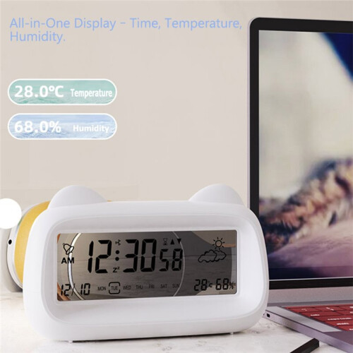 Digital Alarm Clock Display with Week Temperature Humidity Backlight Cat Shape for Kids Adults Bedside Battery Powered 2