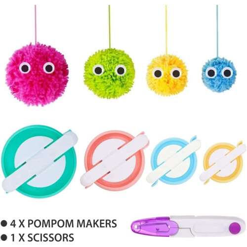 Pomponmakerset – 4 maten, plastic, 4 stuks + schaar 2