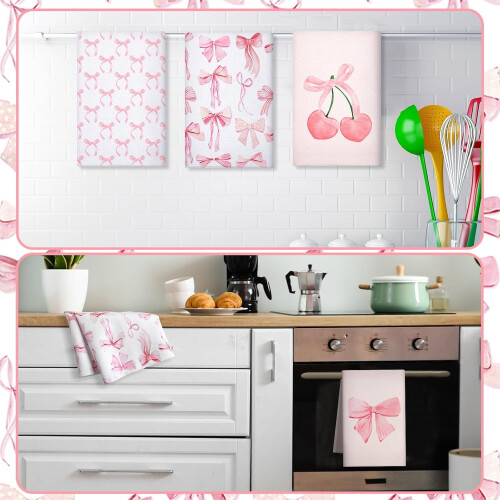 Pink Bow Microfiber Kitchen Towels Set of 4 2