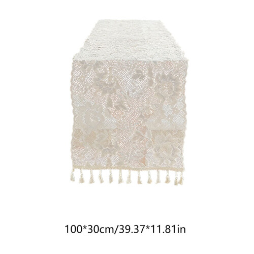 Lace Tassel Table Runner White 100x30cm 2