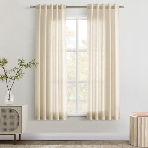 Hørgardiner 63 tommer korte 2 stk. beige boho halvtransparente 1