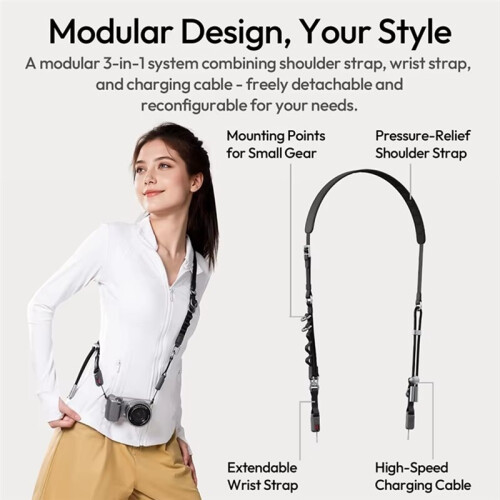 YF01 Y-Flex Strap Camera/Phone Shoulder Strap Wrist Strap with Type-C Data Transfer Cable for Outdoor Photography Black 2