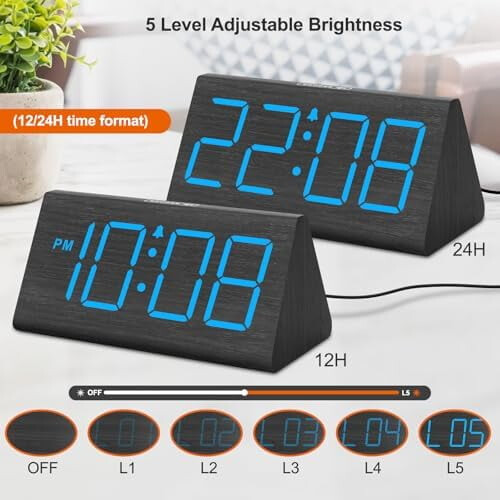 Despertador digital de madeira com visor grande e alimentação USB. 1