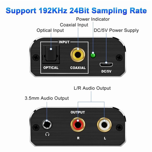 192kHz DAC-lydkonverter – Optisk/koaksial til RCA & 2