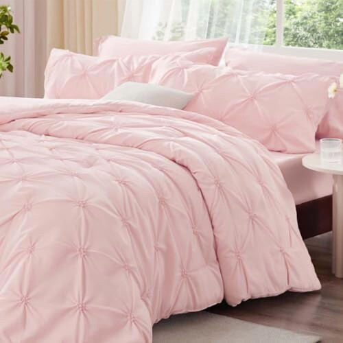 Baby Pink King Comforter Set Boho Pintuck 3-Piece 1