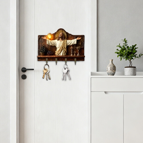 Wooden Wall-Mounted Key Holder with 4 Hooks 1