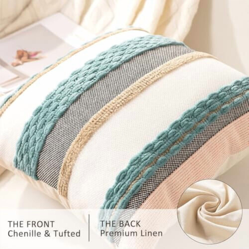 Boho Pudebetræk 18x18, Sæt med 2, Stribede Chenille Pudebetræk, Neutral Accent til Sofa/Sofa/Seng – Blå 1