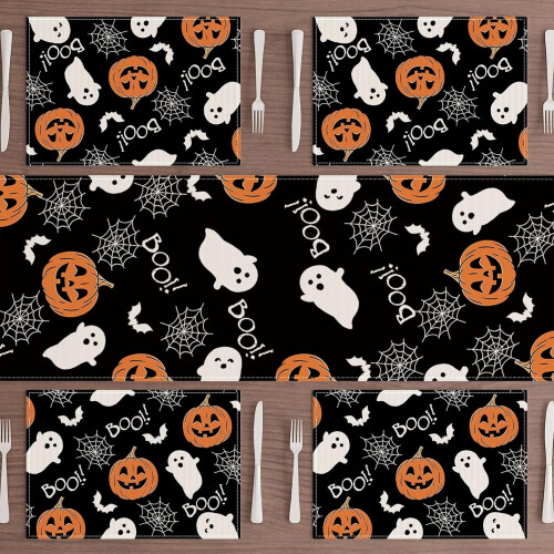 Jogo de 4 jogos americanos Boo Spooky Ghost Pumpkin para o Halloween, decoração de mesa, 30x45 cm (12x18 polegadas) 1