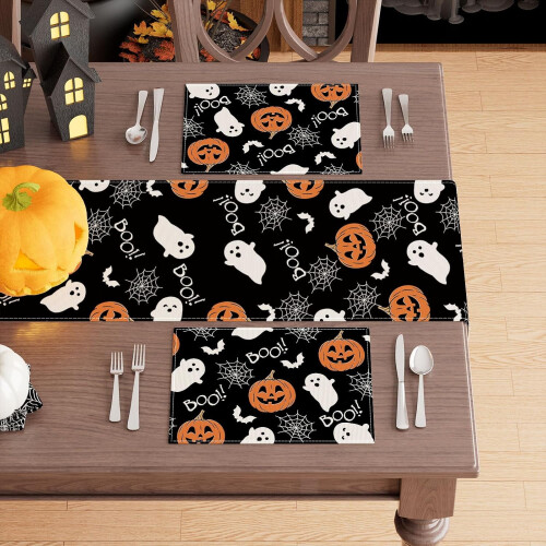 Jogo de 4 jogos americanos Boo Spooky Ghost Pumpkin para o Halloween, decoração de mesa, 30x45 cm (12x18 polegadas) 2