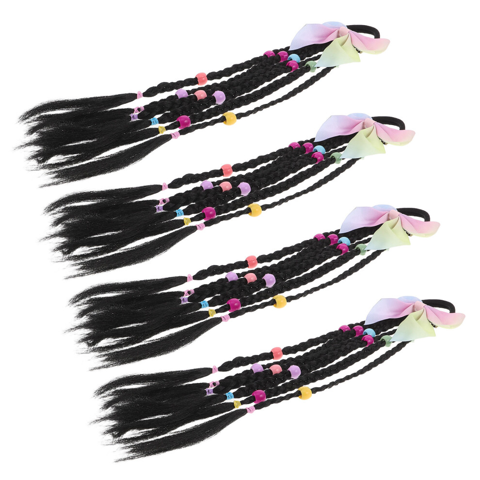 Totority 4Pcs Kids Black Braided Ponytail Wig Hair Extensions With Bowknot Clip