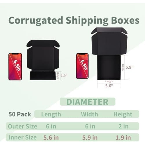 Caixas de envio pretas, 15 x 15 x 5 cm (6 x 6 x 2 polegadas), pacote com 50 unidades. 2