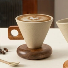 Ceramic Coffee Cup& Wood Base Spoon Set Retro Coffee Mug with Handle Household Exquisite Afternooon Tea Set for Woman