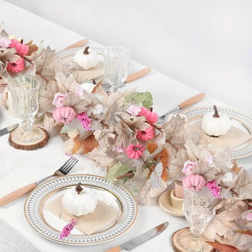 Artificial Pink Pumpkin & White Maple Leaf Rattan Vine 2