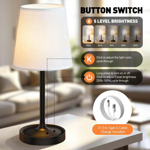 Cordless LED Bedside Lamp – 3 Colour Temperatures, 5 2
