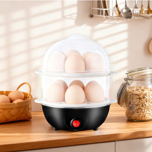 2-Tier Stainless Steel Egg Cooker - Mini Electric Egg Boiler, Compact Breakfast Maker for Soft/Hard Boiled Eggs Home Kitchen Use （ Black ） 1