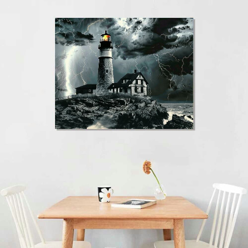 Black and White Lightning Lighthouse Canvas Art 20x16 in 1