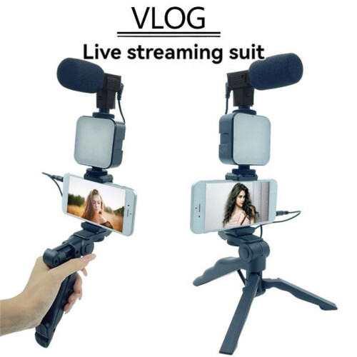Mobile Phone Tripod Kit with Microphone LED Fill Vlog Video Making Kit for Live Recording Selfie Study B