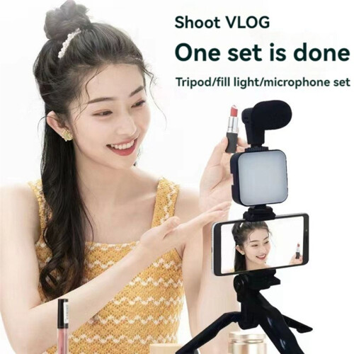Mobile Phone Tripod Kit with Microphone LED Fill Vlog Video Making Kit for Live Recording Selfie Study A 2