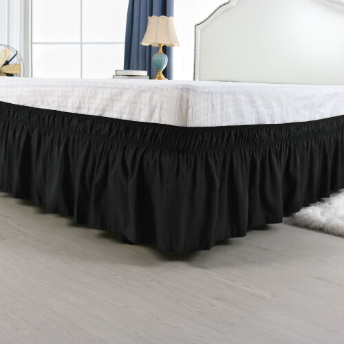 Sengeskørt med flæser og wrap-omslag (40 cm længde, sort) - queensize-seng 1