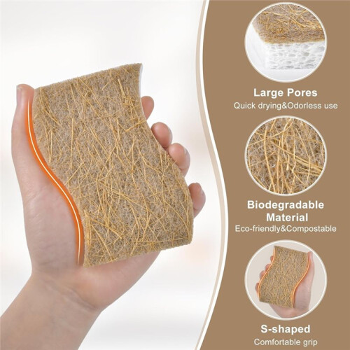15 Pack Biodegradable Natural Kitchen Sponge - Compostable Cellulose and Coconut Walnut Scrubber Sponge