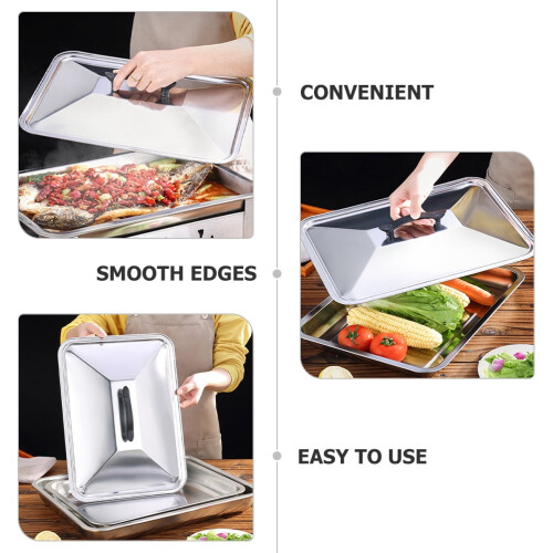 Tampa quadrada para bandeja de alimentos em aço inoxidável, 1 conjunto, 19,7 x 13,8 x 1,4 polegadas 2