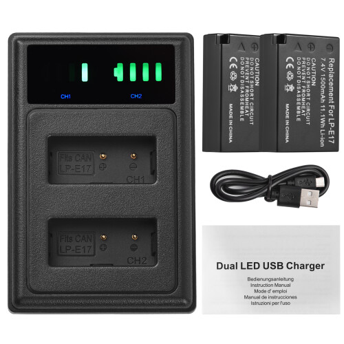 Μπαταρία LP-E17 με ένδειξη + 2x LP-E17 (7.4V, 1500mAh) & καλώδιο USB – Συμβατό με 1