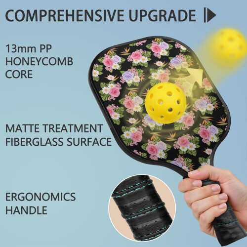 Σετ κουπιών Pickleball με κουπιά από fiberglass σε σχέδια λουλουδιών, 2 μπάλες και τσάντα – 1
