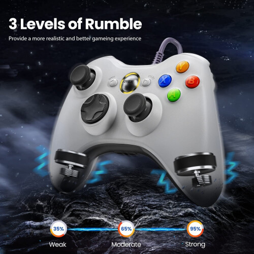 Controller per PC, controller cablato compatibile con Xbox 360 e Slim/PC Windows 10/8/7, joystick migliorato, Double Shock | Enhanced (bianco) 2