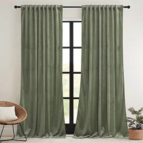 Κουρτίνες Sage Green από βελούδο 96", σκουρόχρωμες, θερμομονωτικές, Π52xΜ96, 2 πάνελ 1