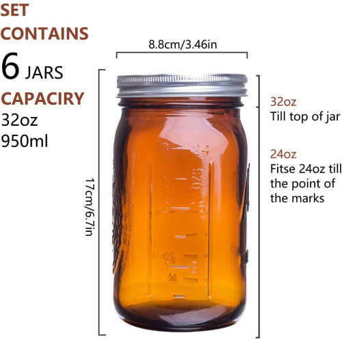 Βάζα από κεχριμπάρι, γυάλινα, 32oz με φαρδύ στόμιο, αεροστεγή καπάκια και ταινίες, 1