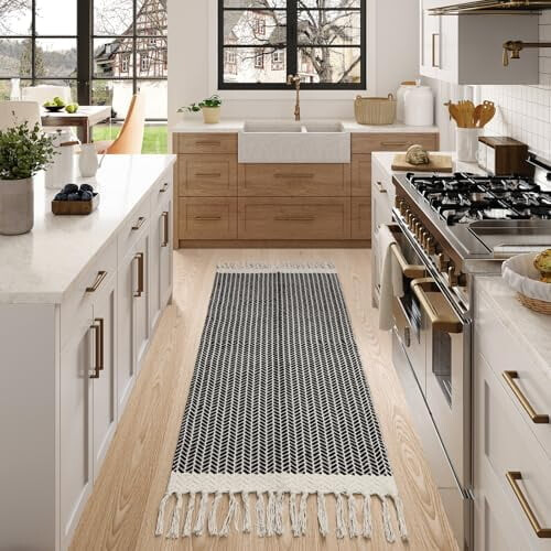 Boho Cotton Runner Rug 2x5 ft, Black and White Fishbone 1
