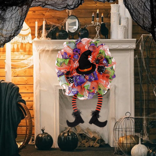 Στεφάνι Halloween από Πορτοκαλί Πλέγμα 30x16 ιντσών – Τεχνητό Στεφάνι Πόρτας Μάγισσας 2