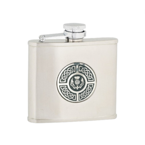 Scottish Celtic Knot Thistle Clan Crest 4oz Pewter Drinks Hip Flask With Funnel