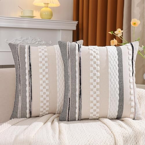 Fețe de pernă decorative cu model boho, model chenilă, 18x18, set de 2, model rustic și boem, cu dungi albe 1