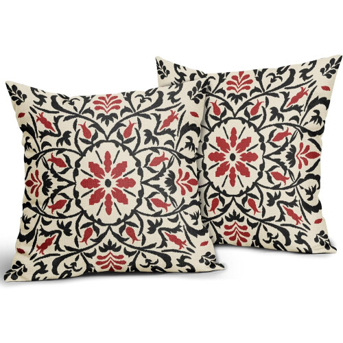 Μαύρα & Κόκκινα Μαξιλαροθήκες Boho 18x18", Vintage Εκτύπωση Λουλουδιών, Λινά Τετράγωνα 1