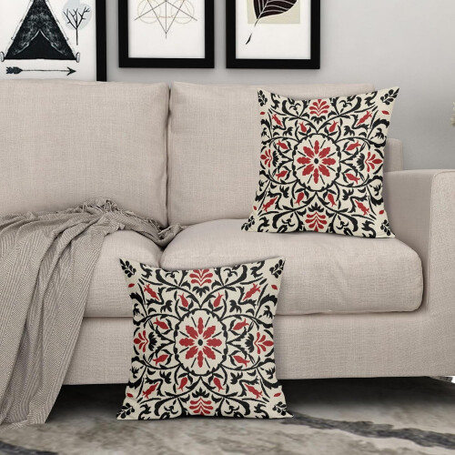Μαύρα & Κόκκινα Μαξιλαροθήκες Boho 18x18", Vintage Εκτύπωση Λουλουδιών, Λινά Τετράγωνα 2
