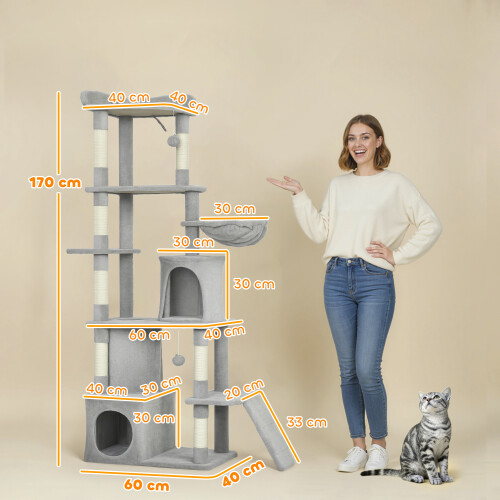 PawHut PawHut 170 cm Cat Tree, Large Cat Tower with 7 Scratching Posts, Light Grey 2
