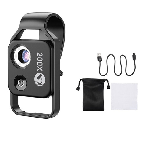 200X Magnification Microscope Lens Mobile LED Light Micro-Type Pocket Macro Lens for Ios Android All Smartphones,Black