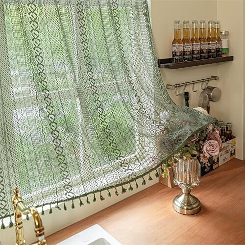 Olive Green Boho Crochet Curtain Panel 59" x 84" 2