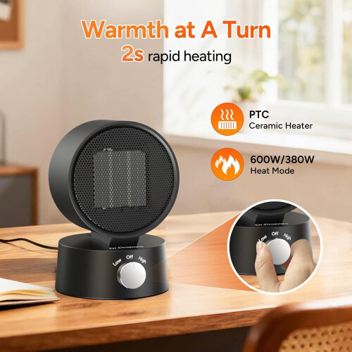 600W Portable PTC Ceramic Heater with Adjustable Tilt 2