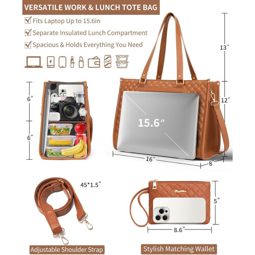 Bolsa Packuum 3 em 1, Bolsa Térmica de Couro PU para Trabalho, Almoço, com Compartimento Térmico, Elegante e Ideal para Laptop de 15,6 Polegadas 2