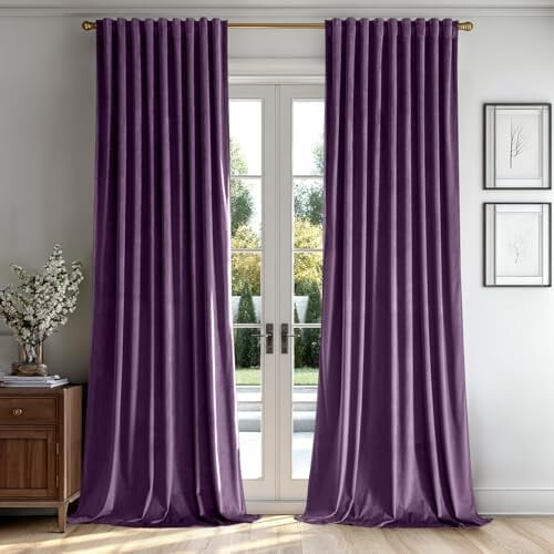 Cortinas de veludo roxo, 2 painéis, 84 polegadas (213 cm) – Escurecimento de luxo, isolamento térmico, blackout, com presilhas e bolso para 1