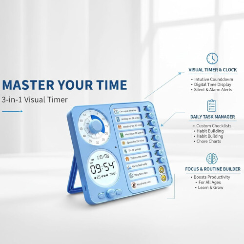 3 in 1 Visual Timer for Kids, Countdown & Task Planner with Reusable Checklist, Color-Coded Focus Tool for Homework, Study, Daily Routines 2