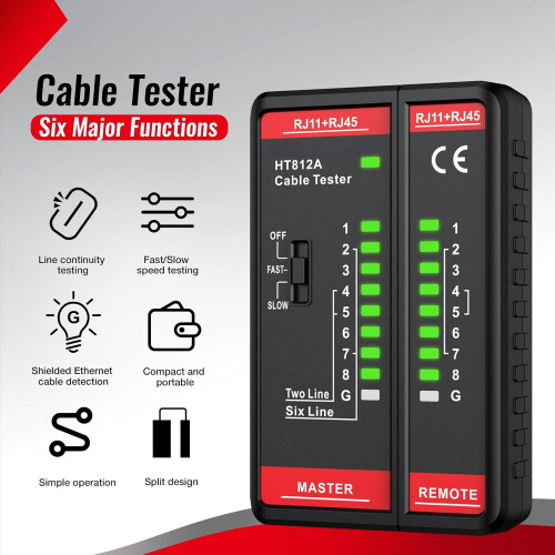 Δοκιμαστής καλωδίων δικτύου HT812A για RJ45/RJ11, CAT5–CAT6A, ομοαξονικές, βίντεο, γραμμές 1
